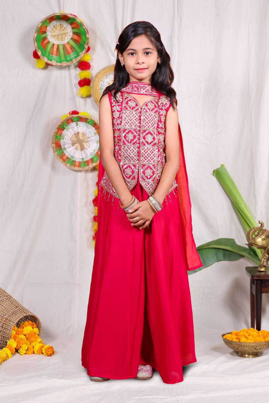 Girls Pink Indo Western Sharara Set with Heavily Embroidered Sleeveless Shrug Jacket and Chiffon Dupatta