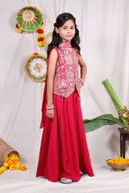 Girls Pink Indo Western Sharara Set with Heavily Embroidered Sleeveless Shrug Jacket and Chiffon Dupatta