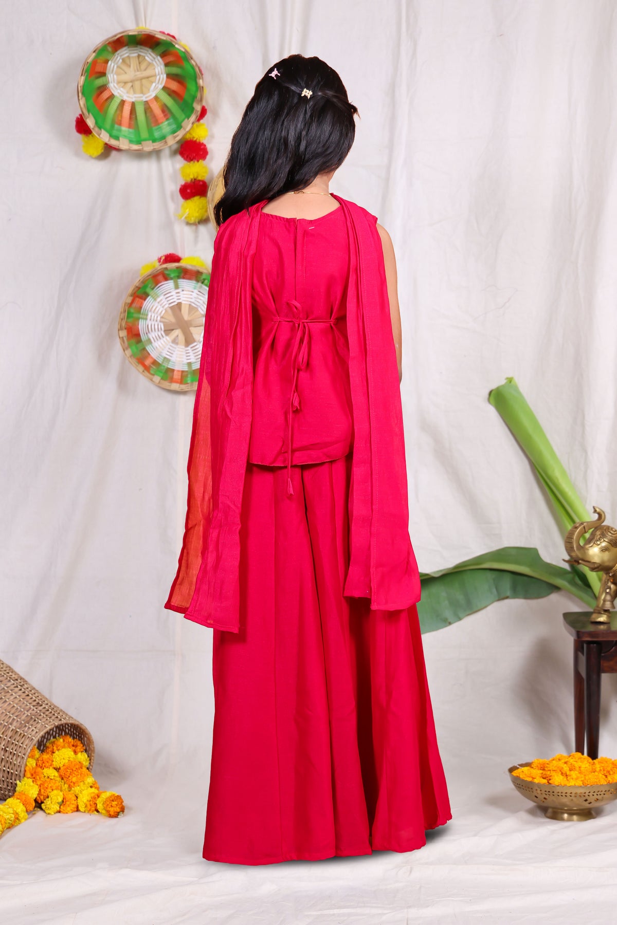 Girls Pink Indo Western Sharara Set with Heavily Embroidered Sleeveless Shrug Jacket and Chiffon Dupatta