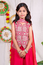 Girls Pink Indo Western Sharara Set with Heavily Embroidered Sleeveless Shrug Jacket and Chiffon Dupatta