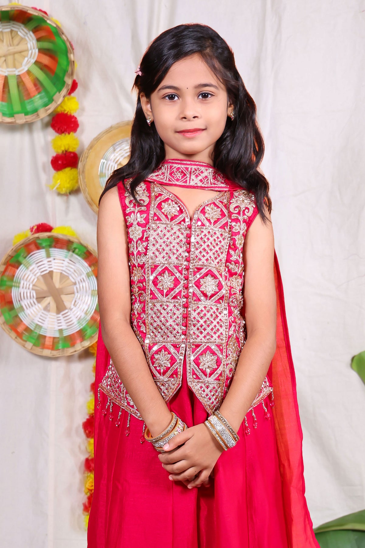 Girls Pink Indo Western Sharara Set with Heavily Embroidered Sleeveless Shrug Jacket and Chiffon Dupatta