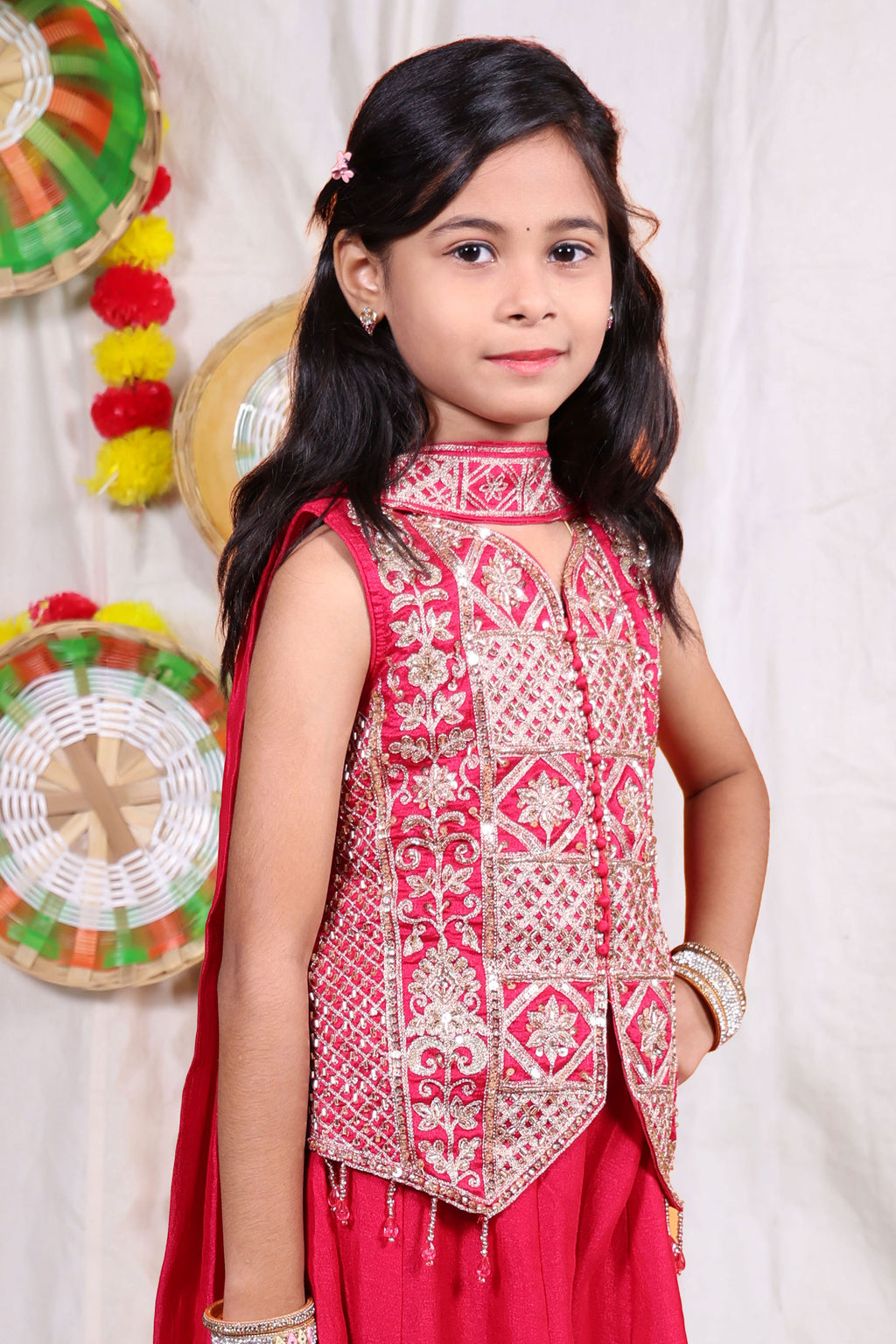 Girls Pink Indo Western Sharara Set with Heavily Embroidered Sleeveless Shrug Jacket and Chiffon Dupatta