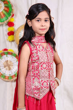 Girls Pink Indo Western Sharara Set with Heavily Embroidered Sleeveless Shrug Jacket and Chiffon Dupatta