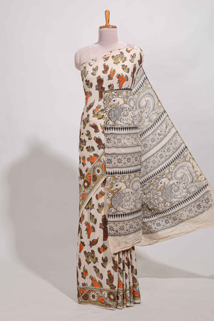 Multicolour kalamkari printed cotton saree with traditional floral motifs and contrast pallu