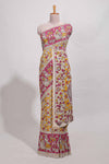 yellow kalamkari printed cotton saree with traditional floral motifs and contrast pallu