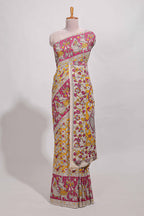 yellow kalamkari printed cotton saree with traditional floral motifs and contrast pallu