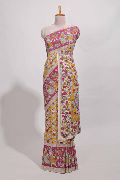 yellow kalamkari printed cotton saree with traditional floral motifs and contrast pallu