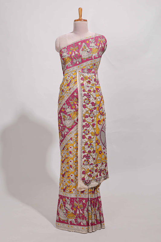 yellow kalamkari printed cotton saree with traditional floral motifs and contrast pallu