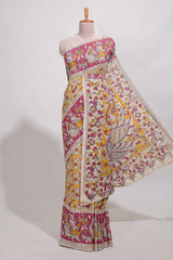 yellow kalamkari printed cotton saree with traditional floral motifs and contrast pallu