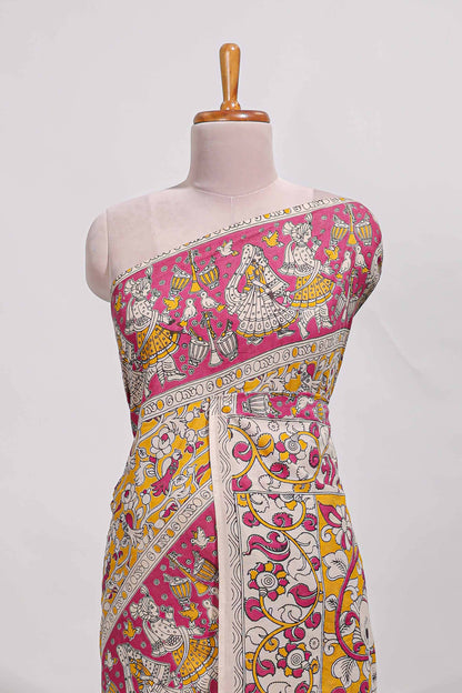 yellow kalamkari printed cotton saree with traditional floral motifs and contrast pallu