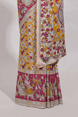 yellow kalamkari printed cotton saree with traditional floral motifs and contrast pallu