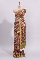 Brown mythological & traditional motifs kalamkari cotton saree with contrast zari border and motifs blouse