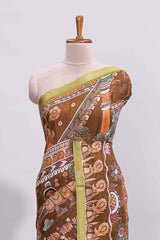 Brown mythological & traditional motifs kalamkari cotton saree with contrast zari border and motifs blouse