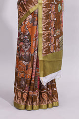 Brown mythological & traditional motifs kalamkari cotton saree with contrast zari border and motifs blouse