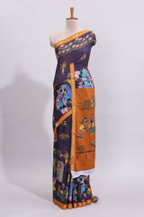 Violet traditional motifs kalamkari cotton saree with contrast zari border and motifs blouse