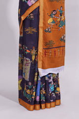 Violet traditional motifs kalamkari cotton saree with contrast zari border and motifs blouse