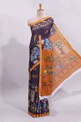 Violet traditional motifs kalamkari cotton saree with contrast zari border and motifs blouse