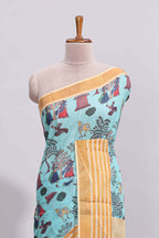 Blue traditional motifs kalamkari cotton saree with contrast zari border and motifs blouse
