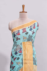 Blue traditional motifs kalamkari cotton saree with contrast zari border and motifs blouse