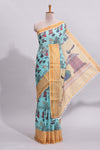 Blue traditional motifs kalamkari cotton saree with contrast zari border and motifs blouse