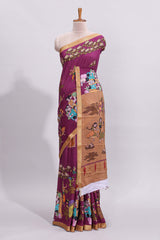 Purple traditional motifs kalamkari cotton saree with contrast zari border and motifs blouse