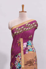 Purple traditional motifs kalamkari cotton saree with contrast zari border and motifs blouse