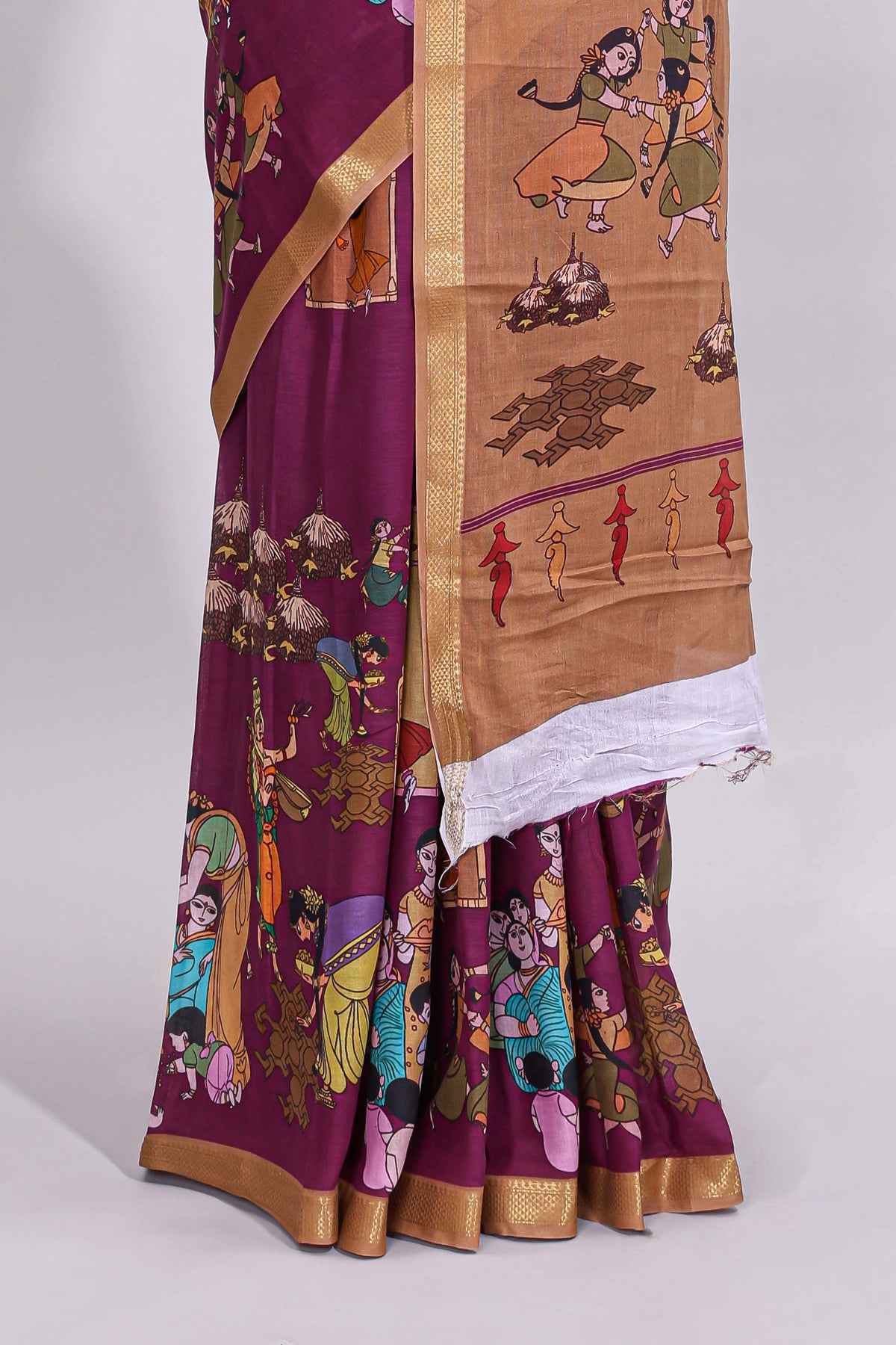 Purple traditional motifs kalamkari cotton saree with contrast zari border and motifs blouse