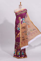 Purple traditional motifs kalamkari cotton saree with contrast zari border and motifs blouse