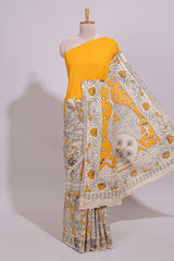Yellow hand painted peacock & floral design kalamkari cotton saree with contrast border and floral printed blouse