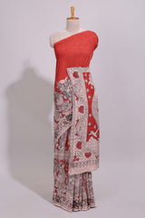 Red hand painted peacock & floral design kalamkari cotton saree with contrast border and floral printed blouse