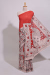Red hand painted peacock & floral design kalamkari cotton saree with contrast border and floral printed blouse
