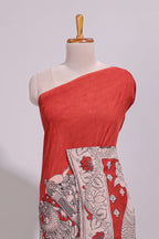 Red hand painted peacock & floral design kalamkari cotton saree with contrast border and floral printed blouse