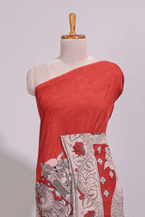 Red hand painted peacock & floral design kalamkari cotton saree with contrast border and floral printed blouse