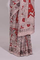 Red hand painted peacock & floral design kalamkari cotton saree with contrast border and floral printed blouse