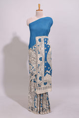 Blue hand painted peacock & floral design kalamkari cotton saree with contrast border and floral printed blouse