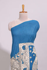Blue hand painted peacock & floral design kalamkari cotton saree with contrast border and floral printed blouse