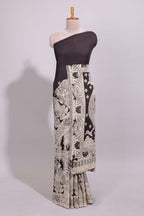 Black hand painted peacock & floral design kalamkari cotton saree with contrast border and floral printed blouse