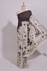 Black hand painted peacock & floral design kalamkari cotton saree with contrast border and floral printed blouse