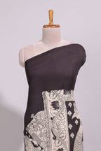 Black hand painted peacock & floral design kalamkari cotton saree with contrast border and floral printed blouse