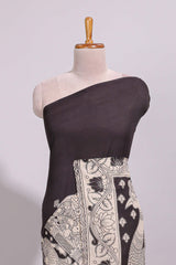 Black hand painted peacock & floral design kalamkari cotton saree with contrast border and floral printed blouse