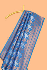 Blue Katan SilkSaree with Rich Zari Woven Geometric border and Pallu along with Matching Blouse