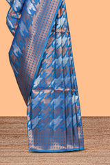 Blue Katan SilkSaree with Rich Zari Woven Geometric border and Pallu along with Matching Blouse