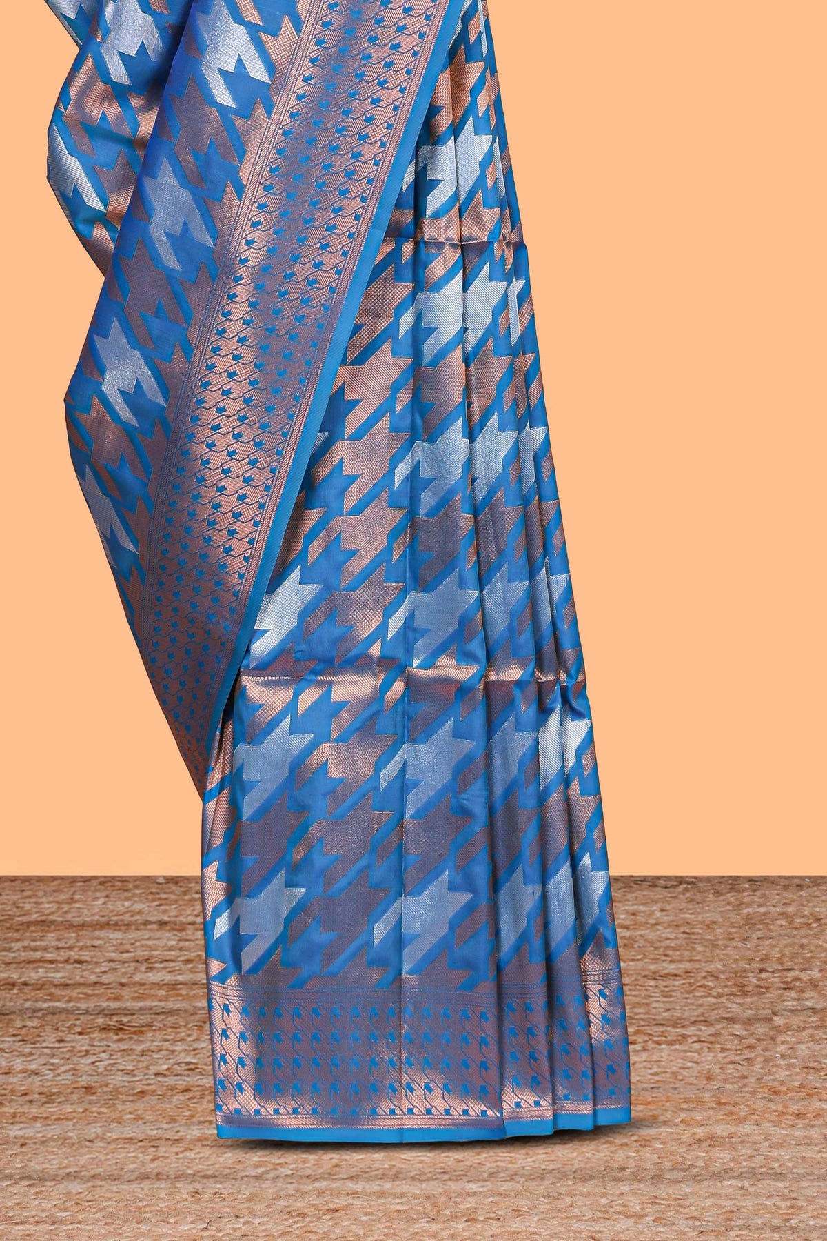 Blue Katan Silk  Saree with Rich Zari Woven Geometric border and Pallu along with Matching Blouse