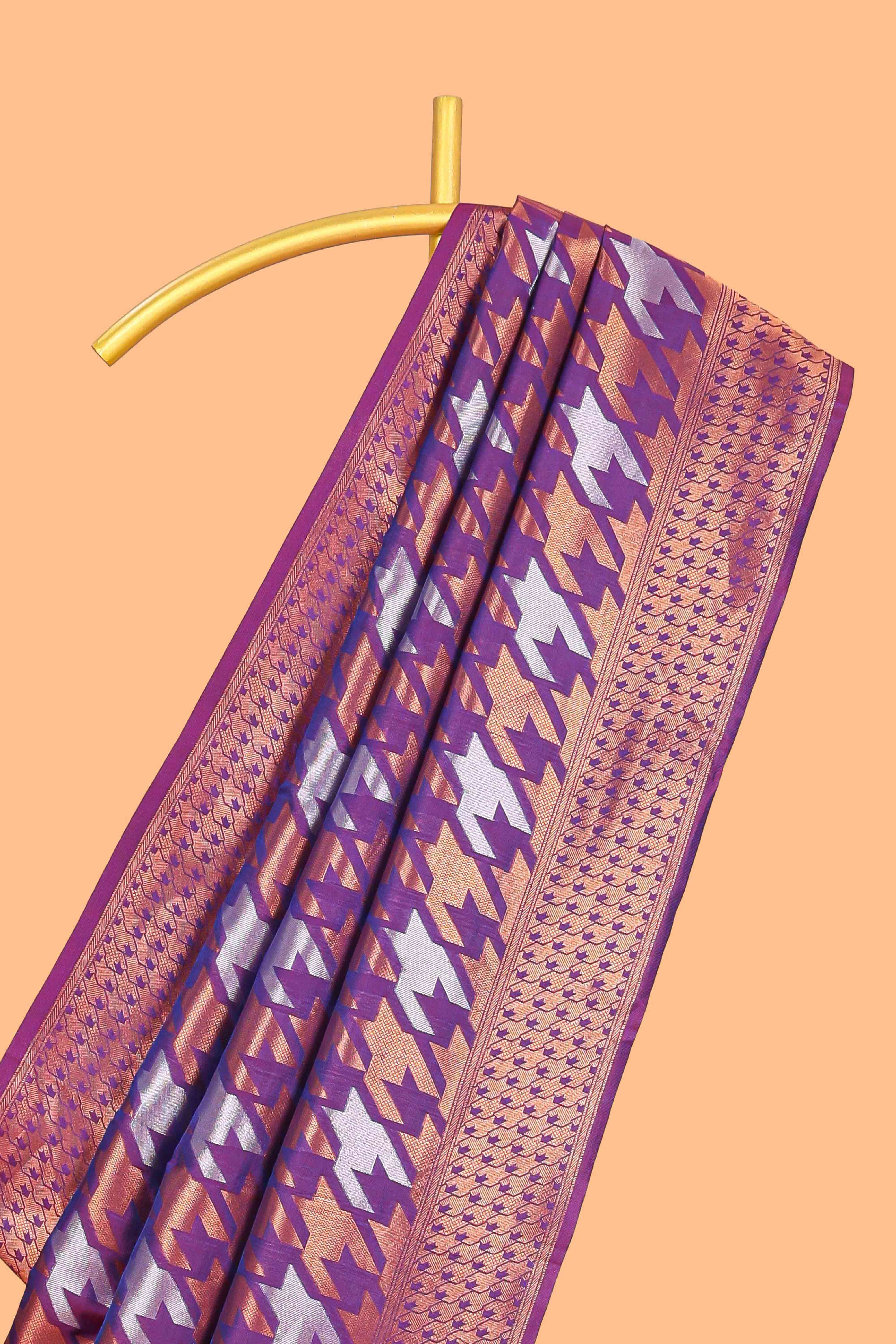 Violet Katan SilkSaree with Rich Zari Woven Geometric border and Pallu along with Matching Blouse