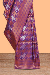 Violet Katan SilkSaree with Rich Zari Woven Geometric border and Pallu along with Matching Blouse