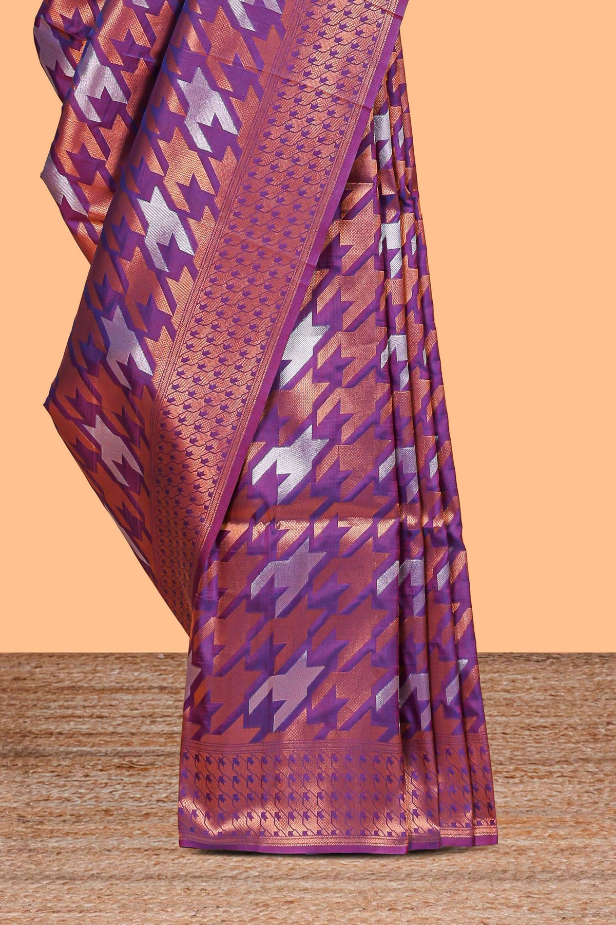 Violet Katan Silk  Saree with Rich Zari Woven Geometric border and Pallu along with Matching Blouse