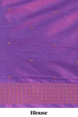 Violet Katan SilkSaree with Rich Zari Woven Geometric border and Pallu along with Matching Blouse
