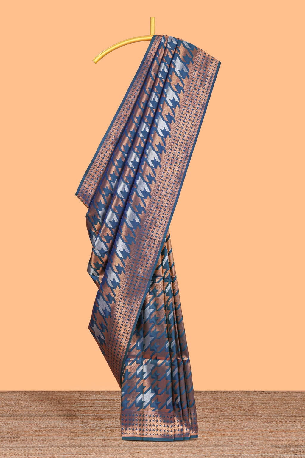 Ocean Blue Katan Silk  Saree with Rich Zari Woven Geometric border and Pallu along with Matching Blouse
