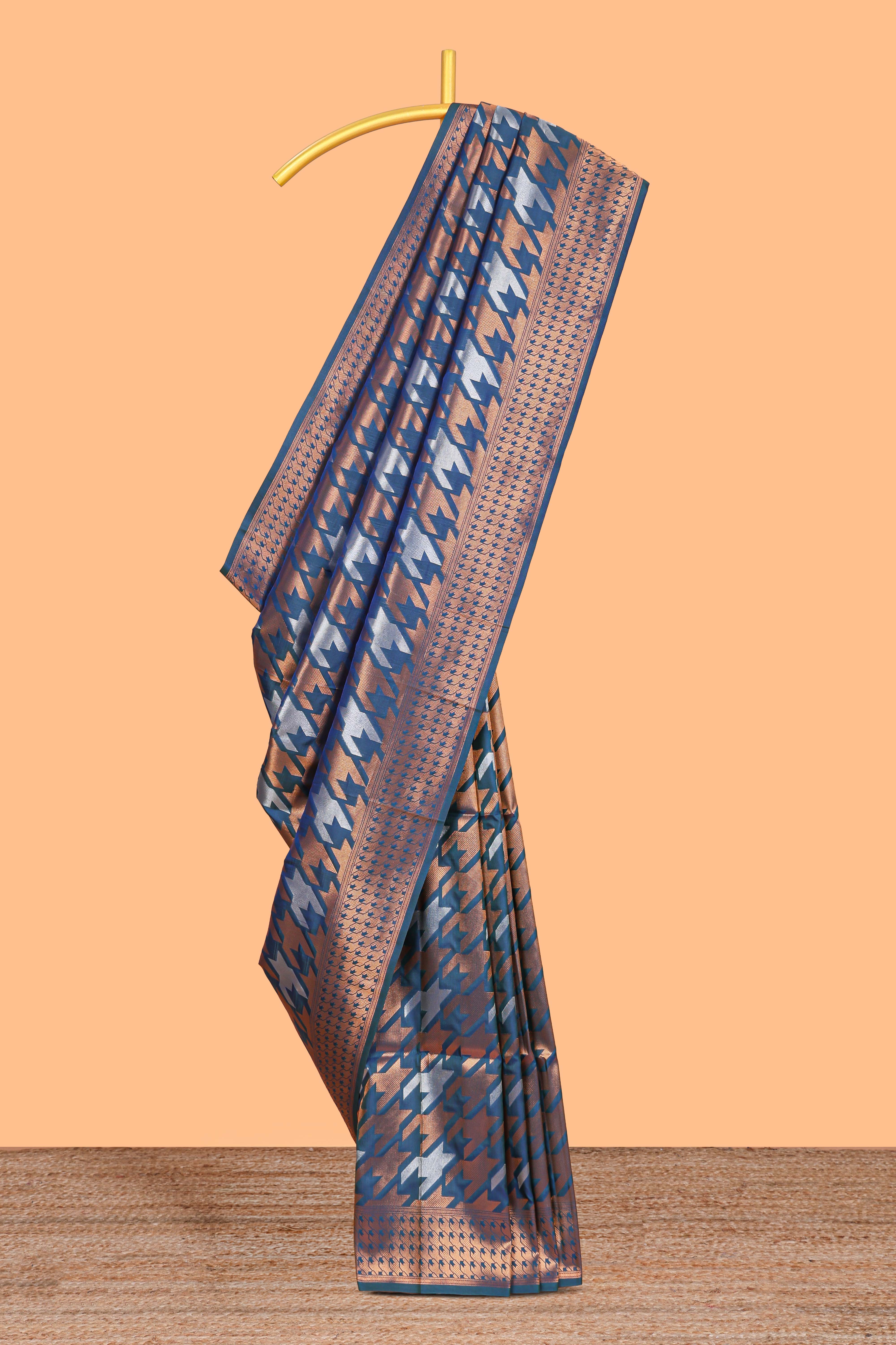 Ocean Blue Katan SilkSaree with Rich Zari Woven Geometric border and Pallu along with Matching Blouse