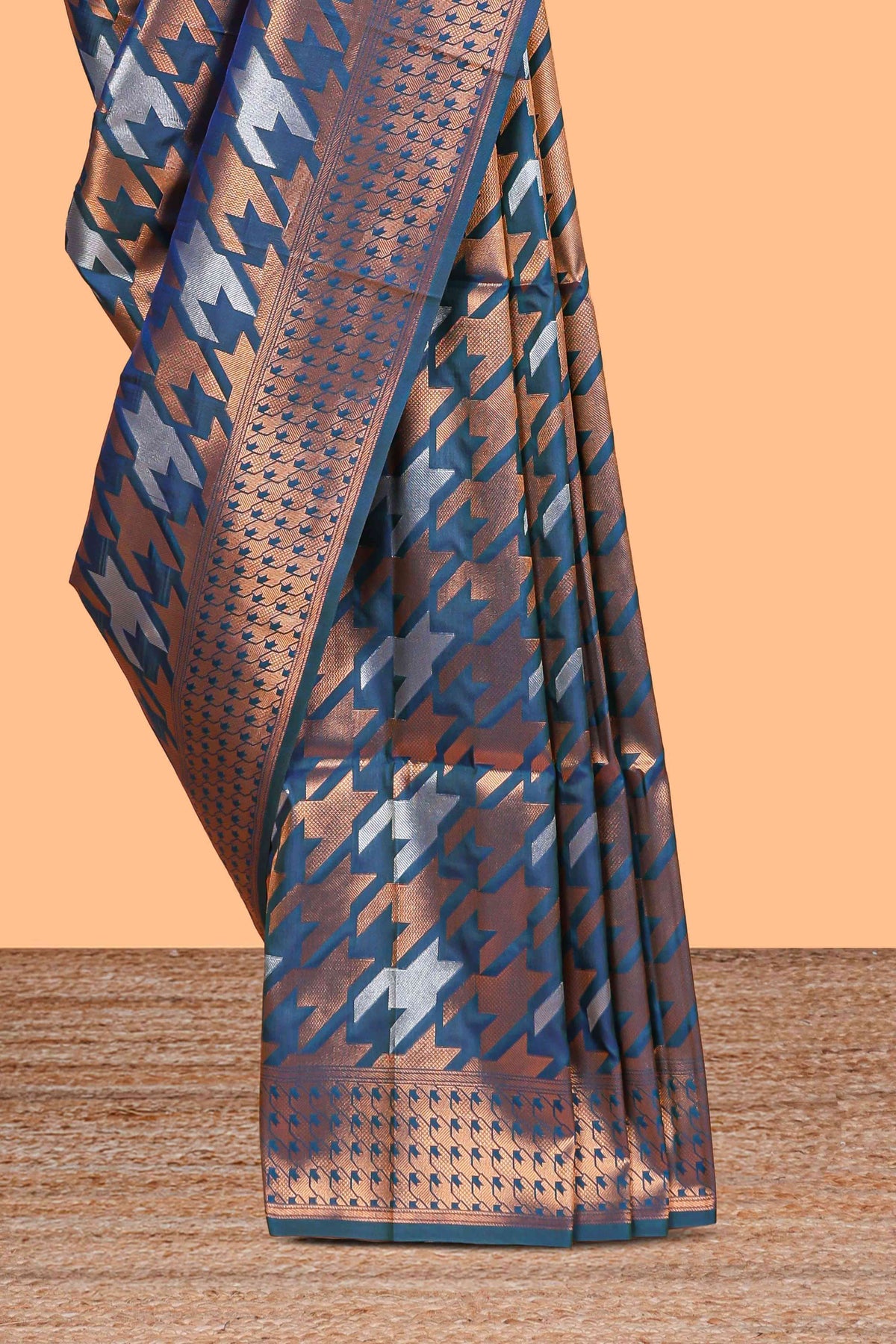 Ocean Blue Katan Silk  Saree with Rich Zari Woven Geometric border and Pallu along with Matching Blouse